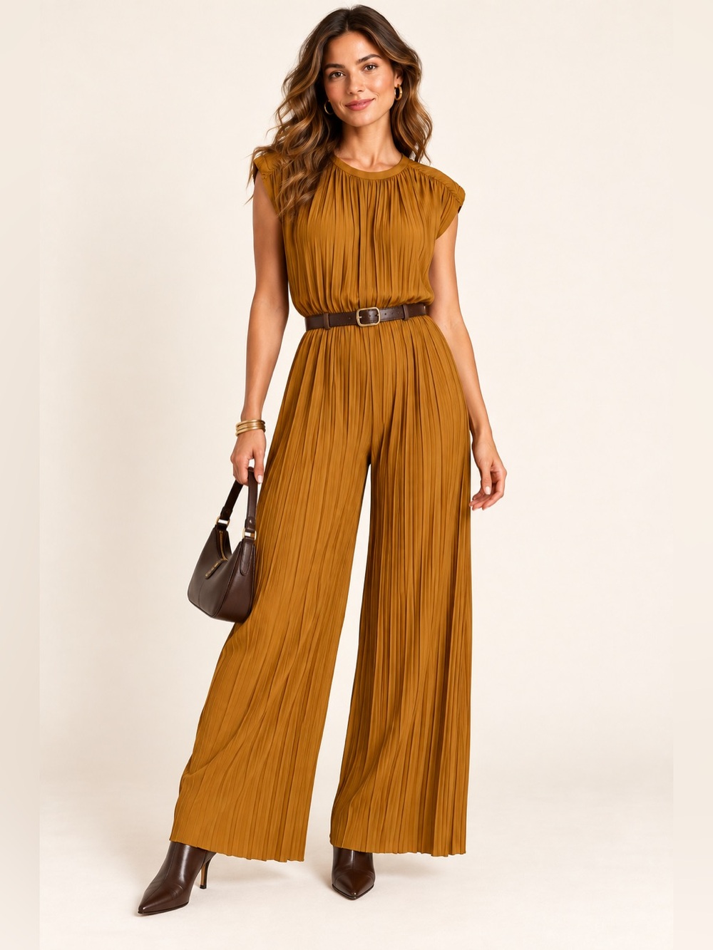 Zara NWT Womens M Mustard Yellow Pleated Wide Leg Jumpsuit Cap Sleeve